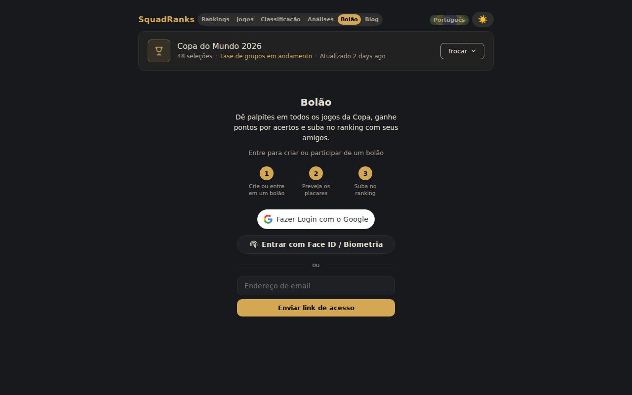 Tela de login do bolão no SquadRanks com opções de Google, biometria e link por email