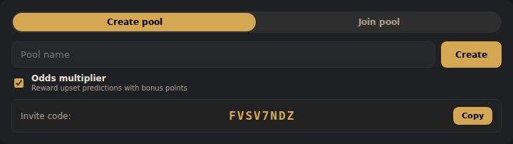 Invite code displayed after pool creation with a copy button