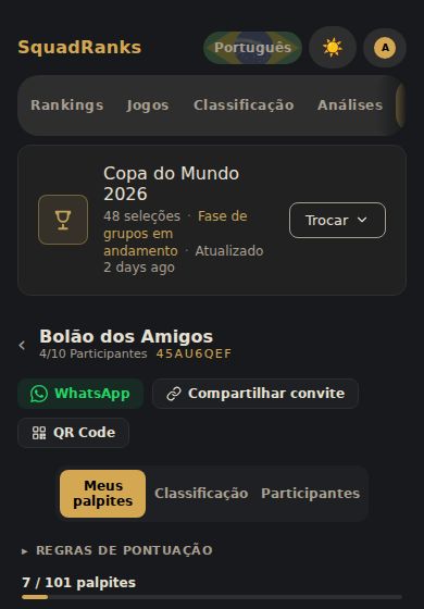 Detalhe do bolão no celular mostrando o código de convite e os botões de WhatsApp, link e QR code