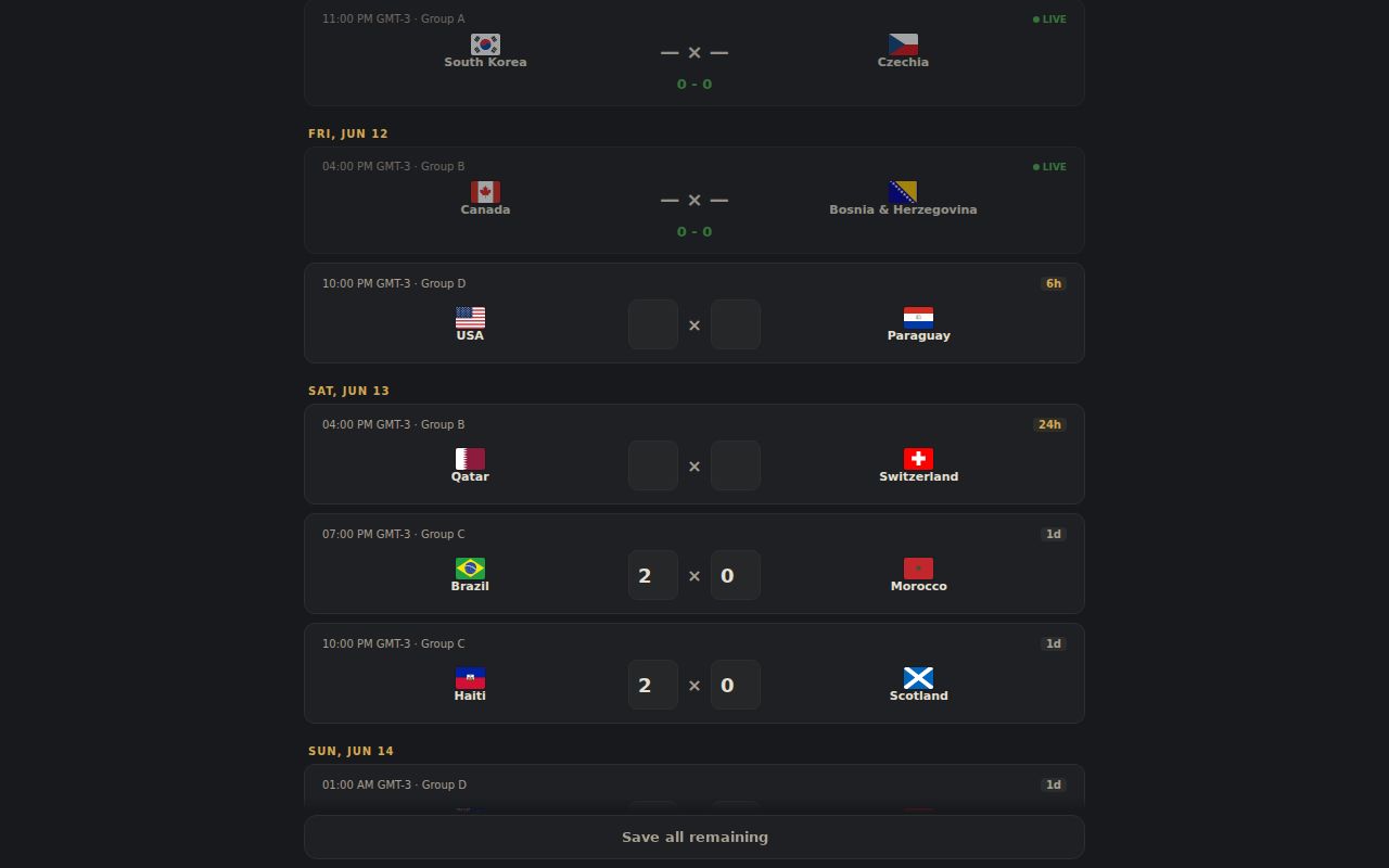 Predictions list showing match cards with score inputs, deadline badges, and live matches