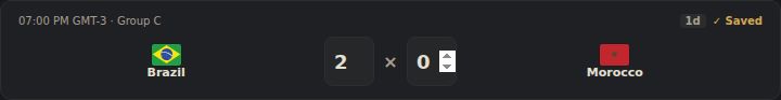 A match card with a 2-0 prediction entered and the Saved confirmation visible
