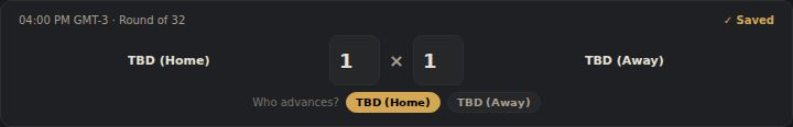 A knockout match card with a 1-1 prediction and the who advances selector